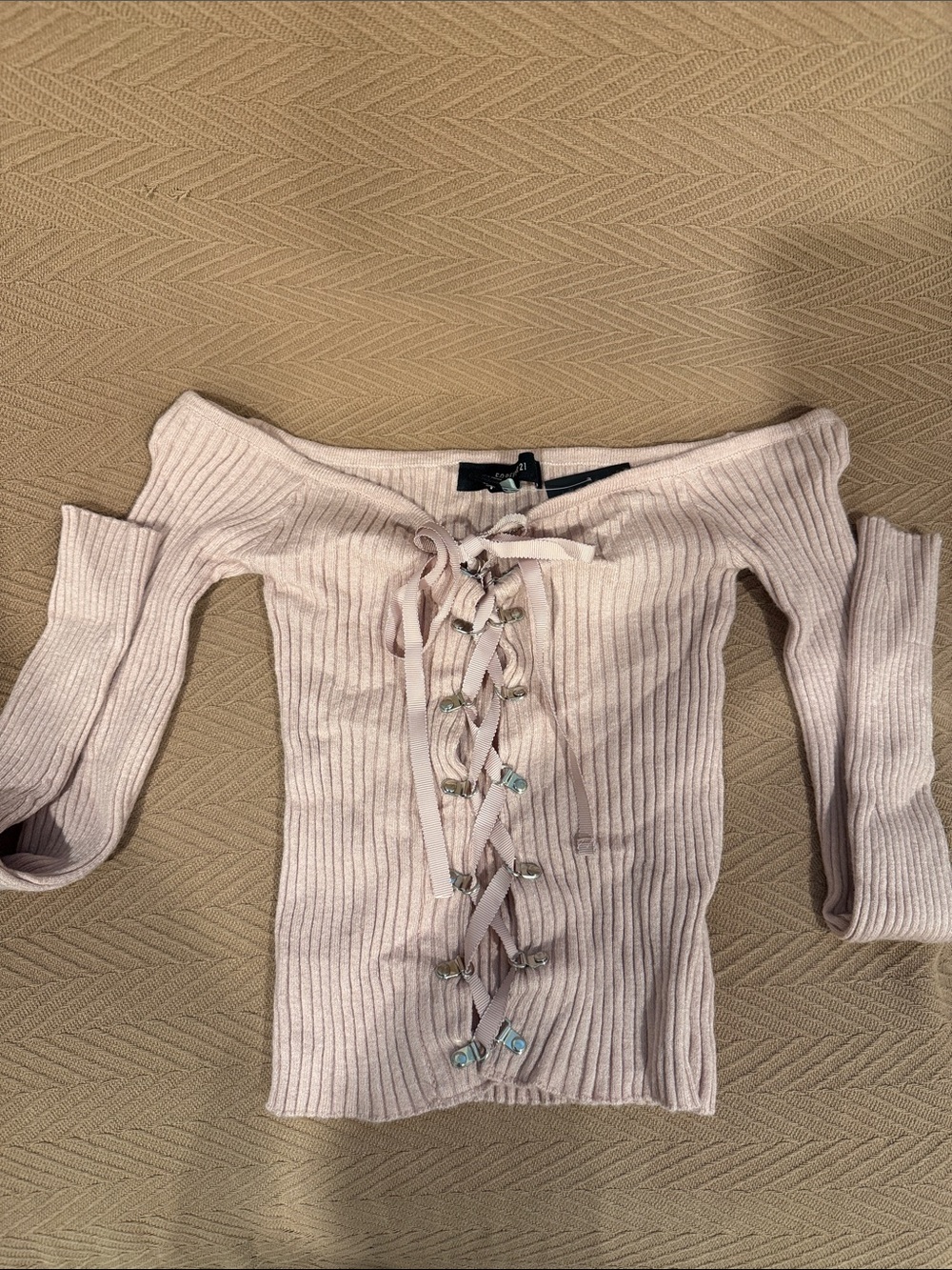 NWT Forever 21 Blush Off-the-Shoulder Lace-Up Ribbed Sweater SZ S